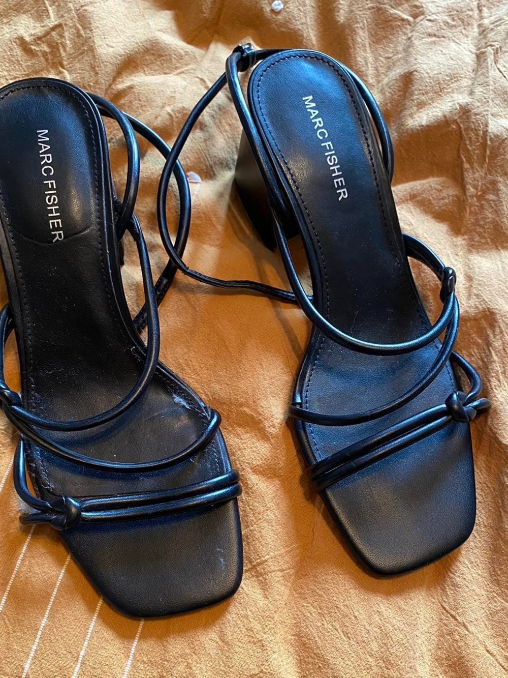 Marc Fisher Black Strappy Square-Toe Wrap-Heel Sandals